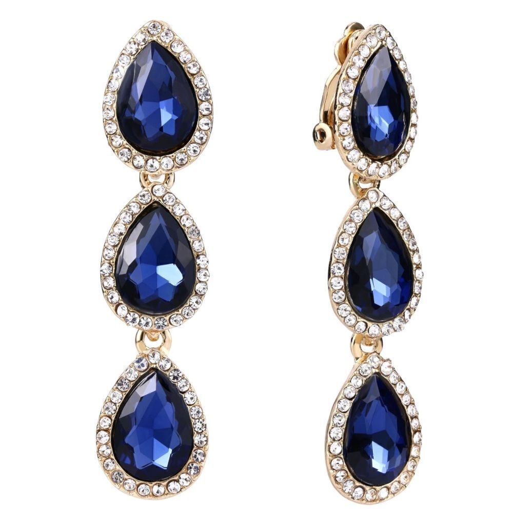 Yellow Gold with Blue Sapphire and Diamond Austrian Crystal Clip On Earrings